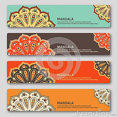 Set of gorizontal cards with hand drawn mandala. Oriental style, vintage decorative elements. Cartoon Illustration