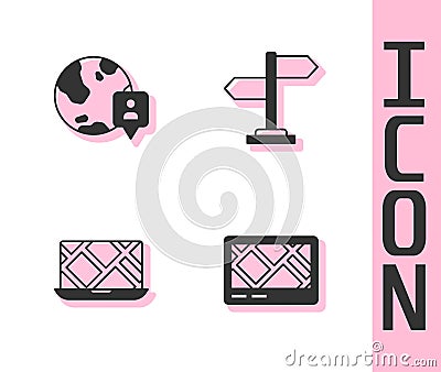 Set Gps device with map, Location on the globe, City navigation and Road traffic sign icon. Vector Vector Illustration