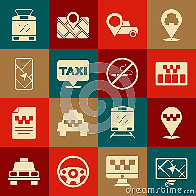 Set Gps device with map, Location taxi, Taximeter, City navigation, Tram and railway and No Smoking icon. Vector Stock Photo