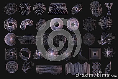 Set of gradient abstract y2k geometric wireframe elements, shapes. Retro elements Vector Illustration