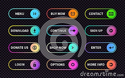 Set of gradient action buttons. Flat web submit form, modern transition sign, game navigation ui design element Vector Illustration