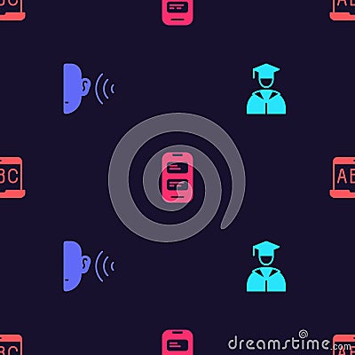 Set Graduate and graduation cap, Ear listen sound signal, Online translator and Foreign language online study on Vector Illustration