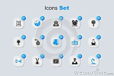 Set Graduate and graduation cap, Pear, Pie chart infographic, Molecule, Table lamp, Test tube, Abacus and Earth globe Vector Illustration