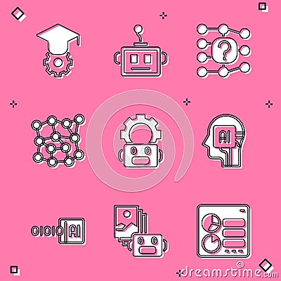 Set Graduation cap, Artificial intelligence robot, Neural network, Robot setting, Humanoid, Binary code and icon. Vector Vector Illustration