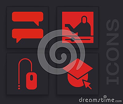 Set Graduation cap on globe, Speech bubble chat, Online education and Computer mouse icon. Vector Vector Illustration
