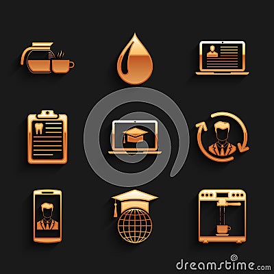 Set Graduation cap on laptop, globe, Coffee machine and cup, Human resources, Smartphone with contact and Clipboard Vector Illustration