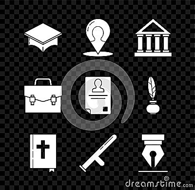 Set Graduation cap, Map marker with silhouette of person, Courthouse building, Holy bible book, Police rubber baton Vector Illustration