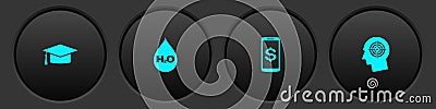 Set Graduation cap, Water drop with H2O, Smartphone dollar and Head hunting concept icon. Vector Vector Illustration