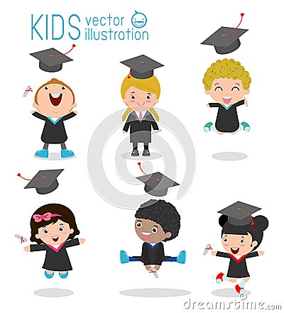 Set of Graduation kids, happy child graduates, happy kids jumping, Graduates in gowns and with diploma, students graduation on whi Vector Illustration