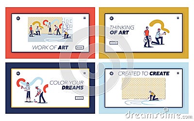 Set of graffiti creation landing pages. Young street artists making street art Vector Illustration