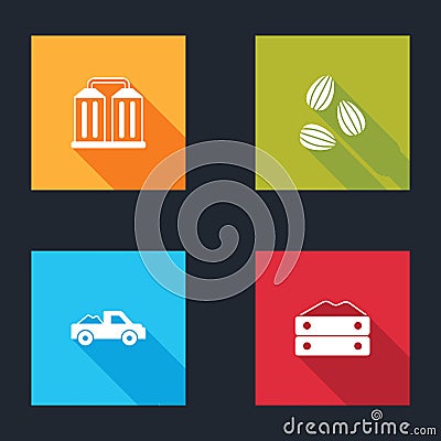 Set Granary, Seeds, Pickup truck and Bag of flour icon. Vector Vector Illustration