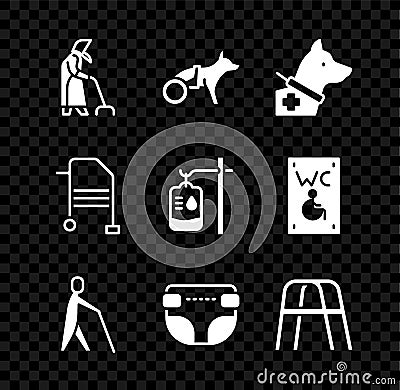 Set Grandmother, Dog in wheelchair, Guide dog, Blind human holding stick, Adult diaper, Walker, and IV bag icon. Vector Vector Illustration