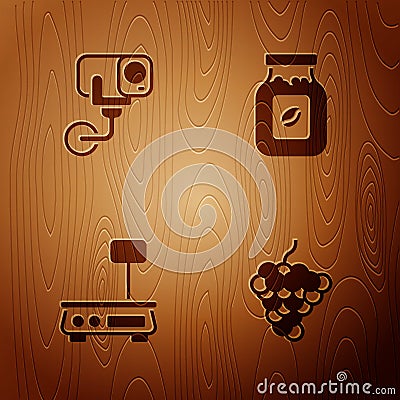 Set Grape fruit, Security camera, Electronic scales and Coffee jar bottle on wooden background. Vector Vector Illustration