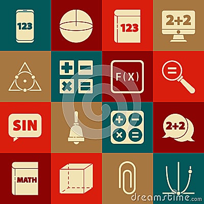 Set Graph, schedule, chart, diagram, Equation solution, Calculation, Book with word mathematics, Calculator, Triangle Vector Illustration