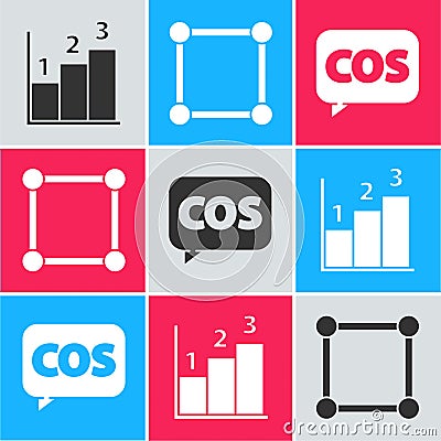 Set Graph, schedule, chart, diagram, Geometric figure Square and Mathematics function cosine icon. Vector Vector Illustration