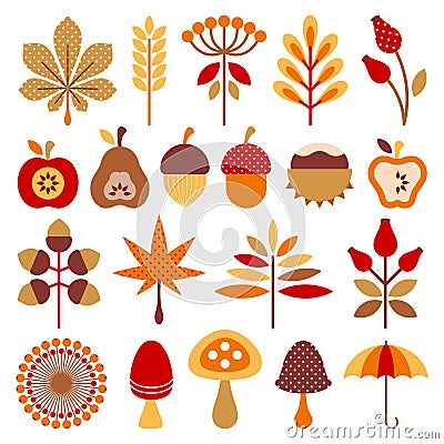 Set Graphic Autumn Icons Brown Orange Red Vector Illustration