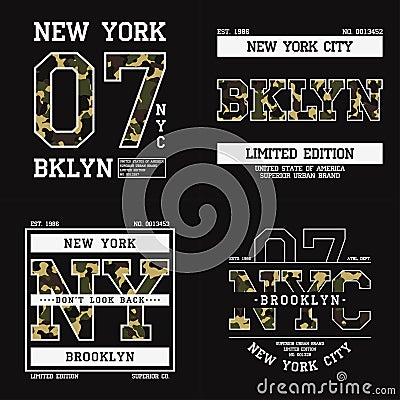 Set of graphic design for t-shirt with camouflage texture. New York tee shirt print with slogan. Brooklyn apparel typography. Vector Illustration
