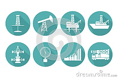 Set of graphic flat vector oil and gas icons for petroleum indus Vector Illustration