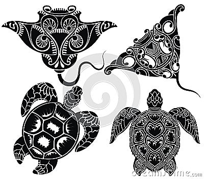 Set of graphic sea turtle and vector stingray or manta ray. Vector Illustration