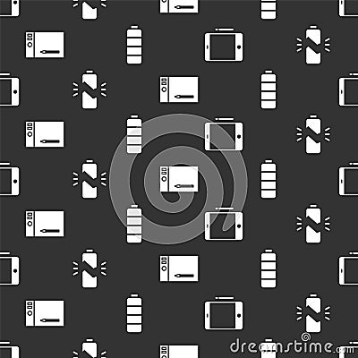 Set Graphic tablet, Broken battery, Graphic tablet and Battery charge level indicator on seamless pattern. Vector Vector Illustration