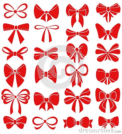 Set of graphical red decorative bows. Vector sillouettes. Vector Illustration