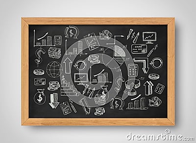 Set of graphics and pictures about economics statistics painted on chalkboard in frame Stock Photo