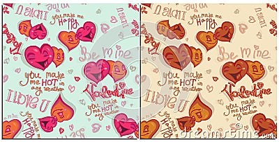 Set of graphics seamless pattern for Happy Valentine day. Happy color bright cartoon hearts falling in love Lettering Vector Illustration