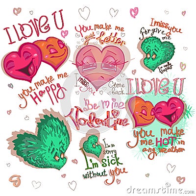 Set of graphics stickers, letterings and character for Happy Valentine day. Happy, sad, color bright cartoon hearts Vector Illustration