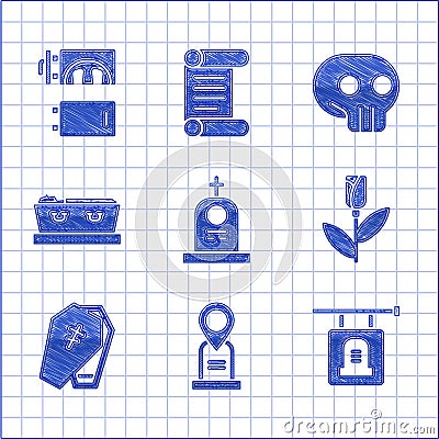 Set Grave with tombstone, Location grave, Signboard, Flower rose, Coffin cross, dead, Skull and Crematorium icon. Vector Vector Illustration