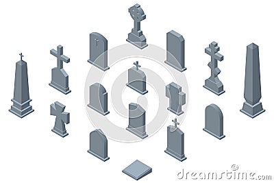 Set of gravestones isolated on white background. Isometric vector illustration Vector Illustration