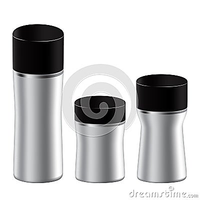 SET of gray beauty products/cosmetics bottles and container with black lid Vector Illustration