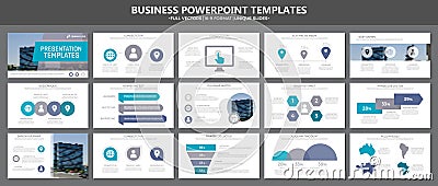 Set of gray and blue elements for multipurpose presentation template slides with graphs and charts. Leaflet, corporate Vector Illustration