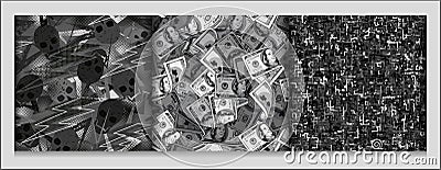 Set of gray camouflage patterns with skulls, small abstract shapes, dollar bills Vector Illustration