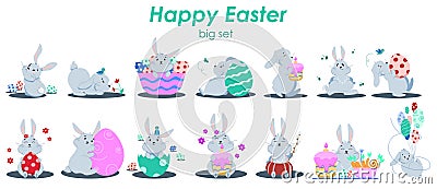 set of gray cute rabbits with different items Vector Illustration