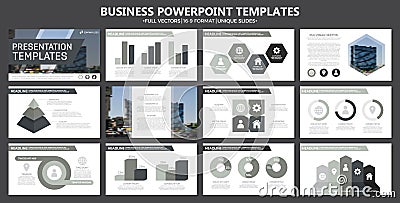 Set of gray elements for multipurpose presentation template slides with graphs and charts. Leaflet, corporate report Vector Illustration