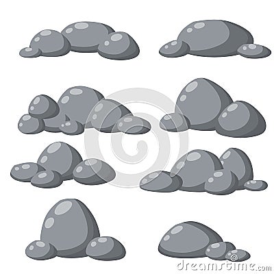 Set of gray granite stones of different shapes. Flat illustration. Minerals, boulder and cobble Vector Illustration