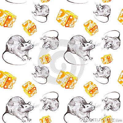 A set of gray rat and a piece of yellow cheese. Symbol of 2020 new year. Watercolor illustration isolated on white background. Cartoon Illustration