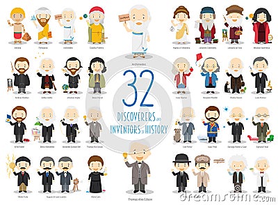 Set of 32 great Discoverers and Inventors of History in cartoon style Vector Illustration
