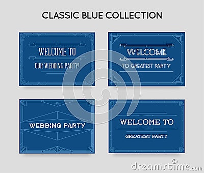 Set of Great Gatsby Style Invitation in Art Deco or Nouveau Epoch 1920\'s Gangster Era Collection. Trendy Classic Blue Color Vector Illustration