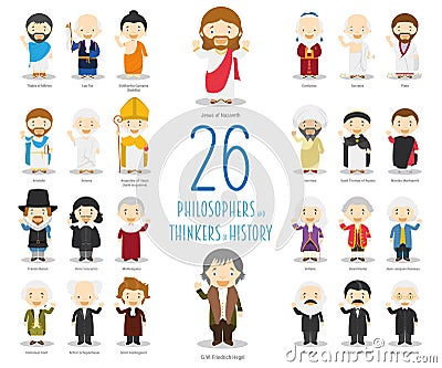 Set of 26 Great Philosophersand Thinkers of History in cartoon style. Vector Illustration