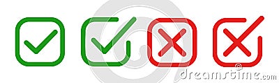 Set green approval check mark and red cross icons, checklist signs, flat checkmark approval correct badge, isolated tick symbols Vector Illustration