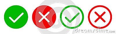 Set green approval check mark and red cross icons in circle and square, checklist signs, flat checkmark approval badge, isolated Vector Illustration