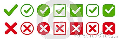 Set green approval check mark and red cross icons in circle and square, checklist signs, flat checkmark approval badge, isolated Vector Illustration