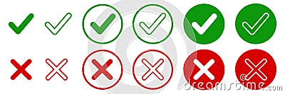 Set green approval check mark and red cross icons in circle and square, checklist signs, flat checkmark approval badge, isolated Vector Illustration