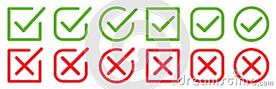 Set green approval check mark and red cross icons in circle and square, checklist signs, flat checkmark approval correct badge Vector Illustration
