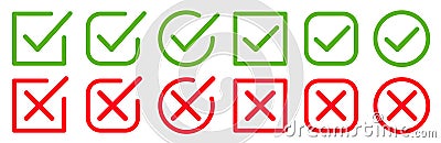 Set green approval check mark and red cross icons in circle and square, checklist signs, flat checkmark approval correct badge Vector Illustration