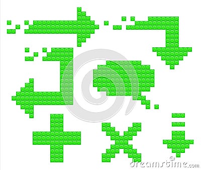Set of green arrow icons from constructor blocks. Speech bubble and plus sign. Can be used for website or games. Vector Illustration