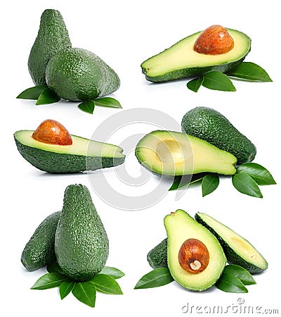 Set of green avocado fruits with leaf Stock Photo