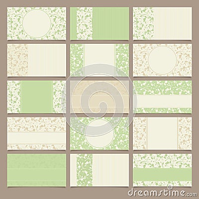 Set of green and beige business cards with floral patterns. Vector illustration. Vector Illustration