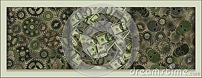 Set of green camouflage patterns with skulls, gears, dollar bills Vector Illustration